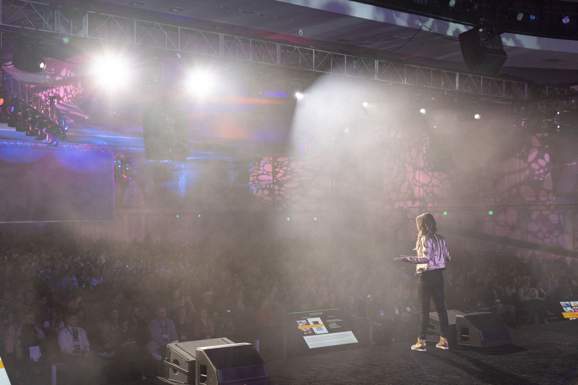 Marley on stage in front of a packed room